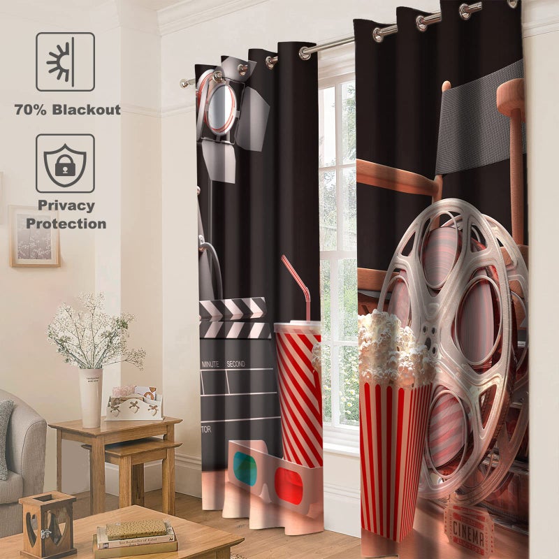 Jekeno Movie Theater Blackout Curtains Movie Theater Theme Print Home Bedroom Living Room Decor Sunlight Blocking Grommet Window Drapes 2 Panel Set, 52"x84" - Image 4